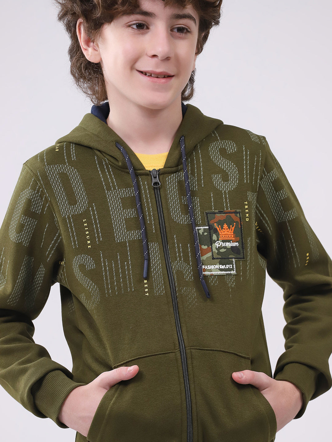 Boys Olive Printed Hooded Full Sleeve Sweatshirt