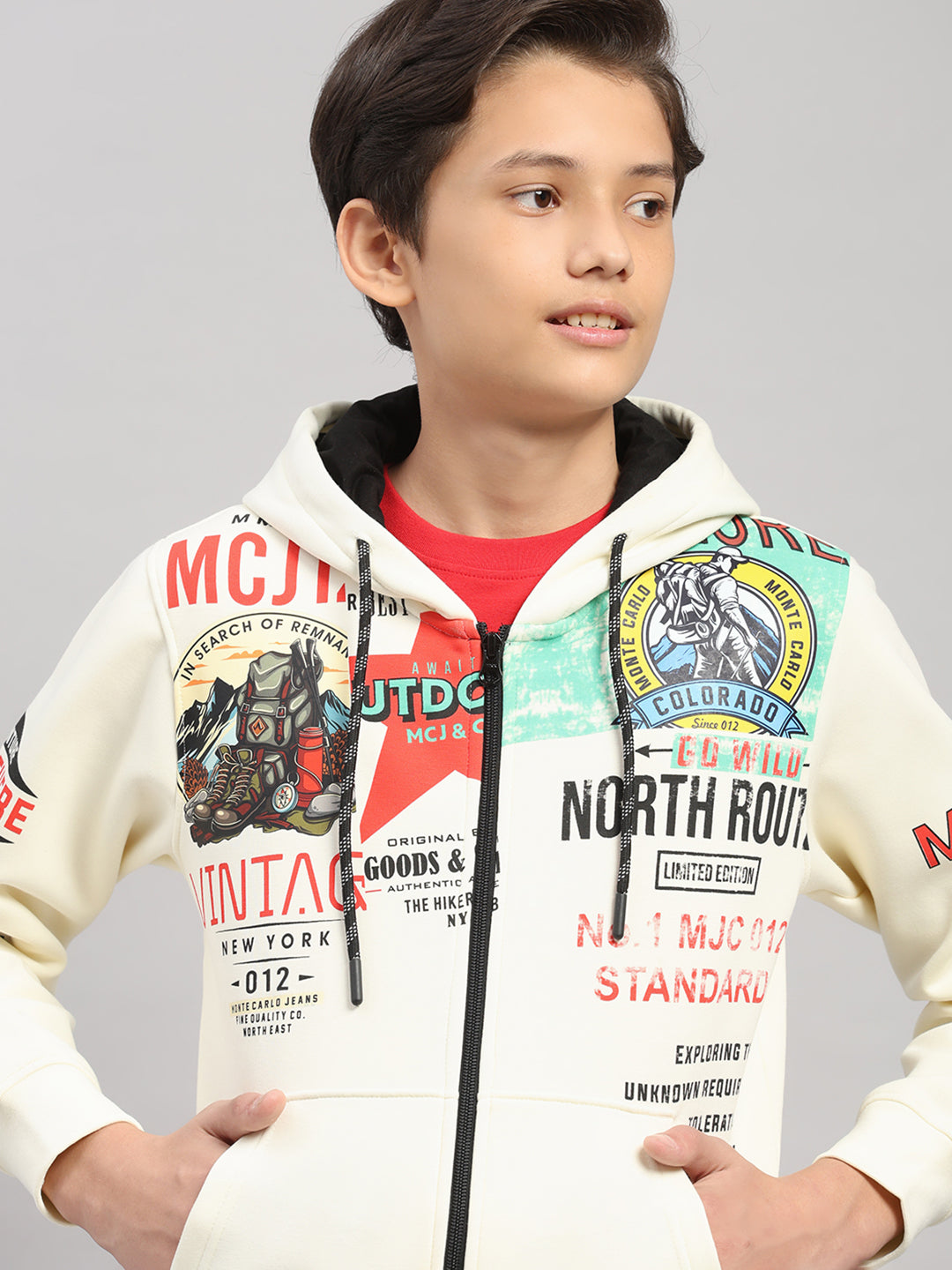 Boys Cream Printed Hooded Full Sleeve Sweatshirt