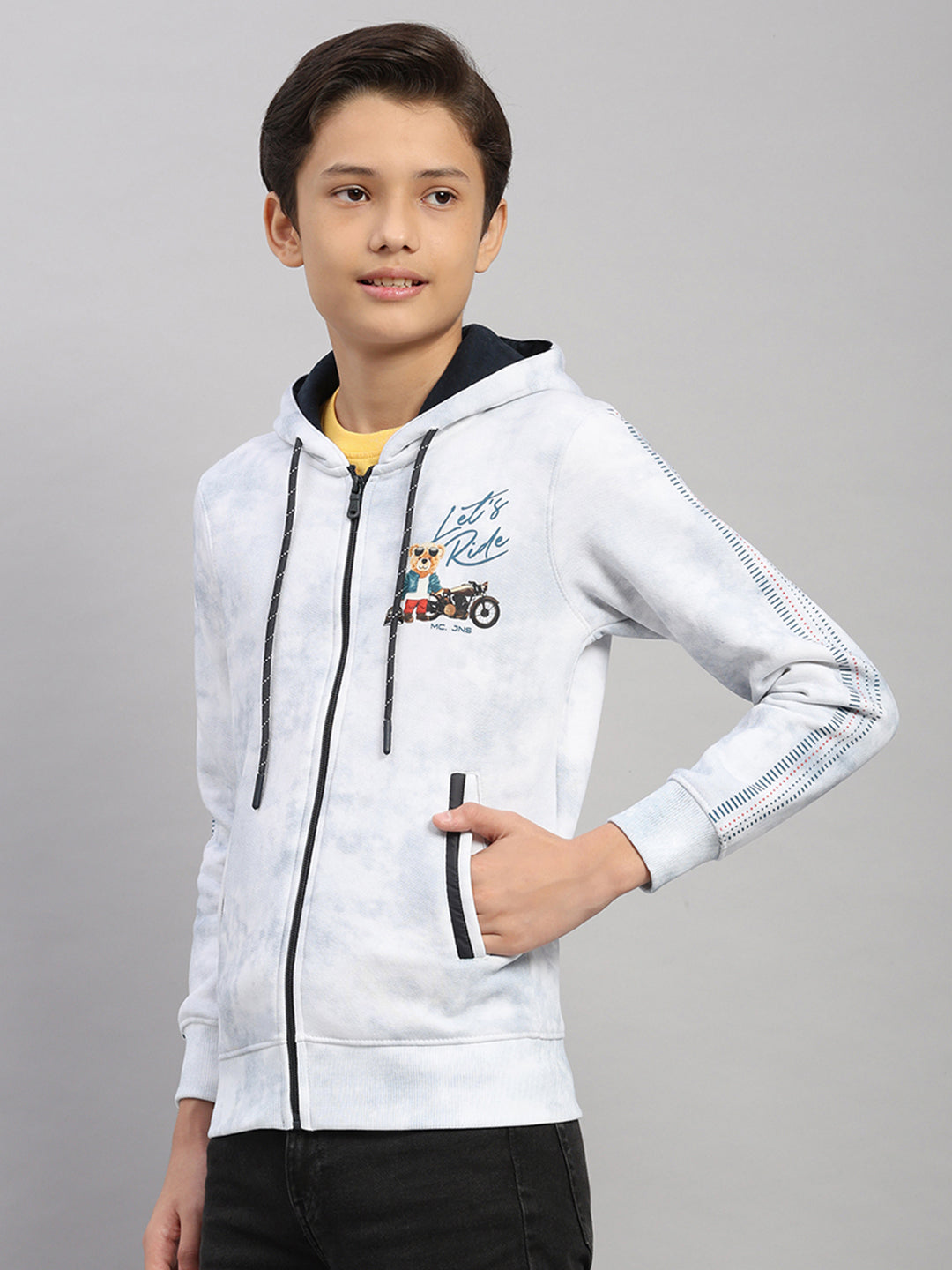 Boys Blue Printed Hooded Full Sleeve Sweatshirt