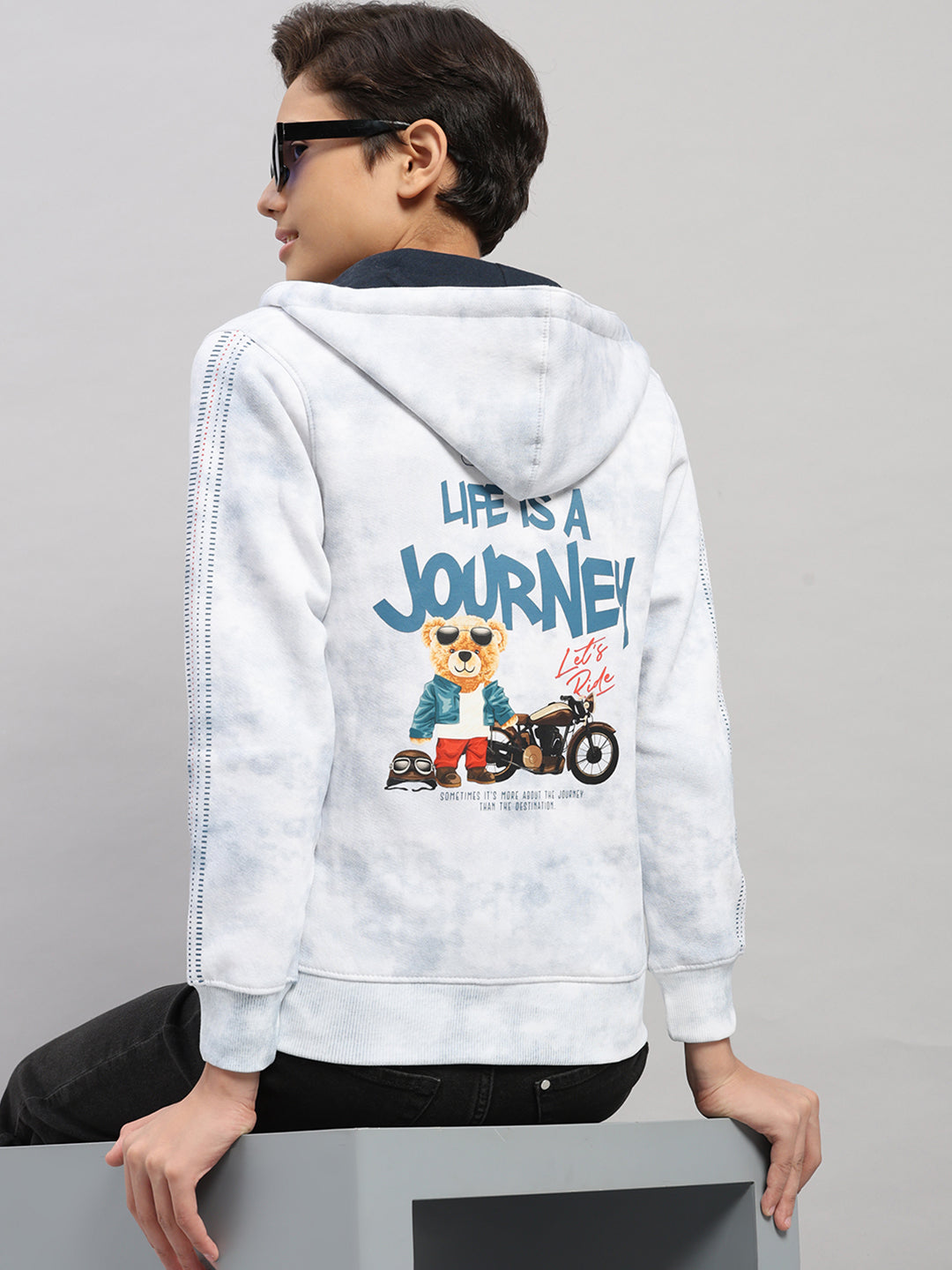 Boys Blue Printed Hooded Full Sleeve Sweatshirt