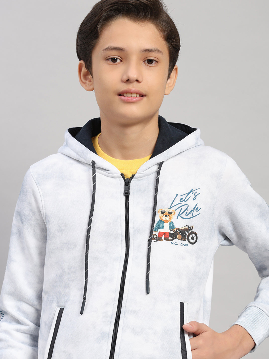 Boys Blue Printed Hooded Full Sleeve Sweatshirt