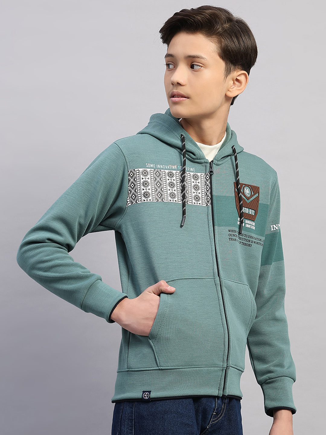 Boys Olive Printed Hooded Full Sleeve Sweatshirt
