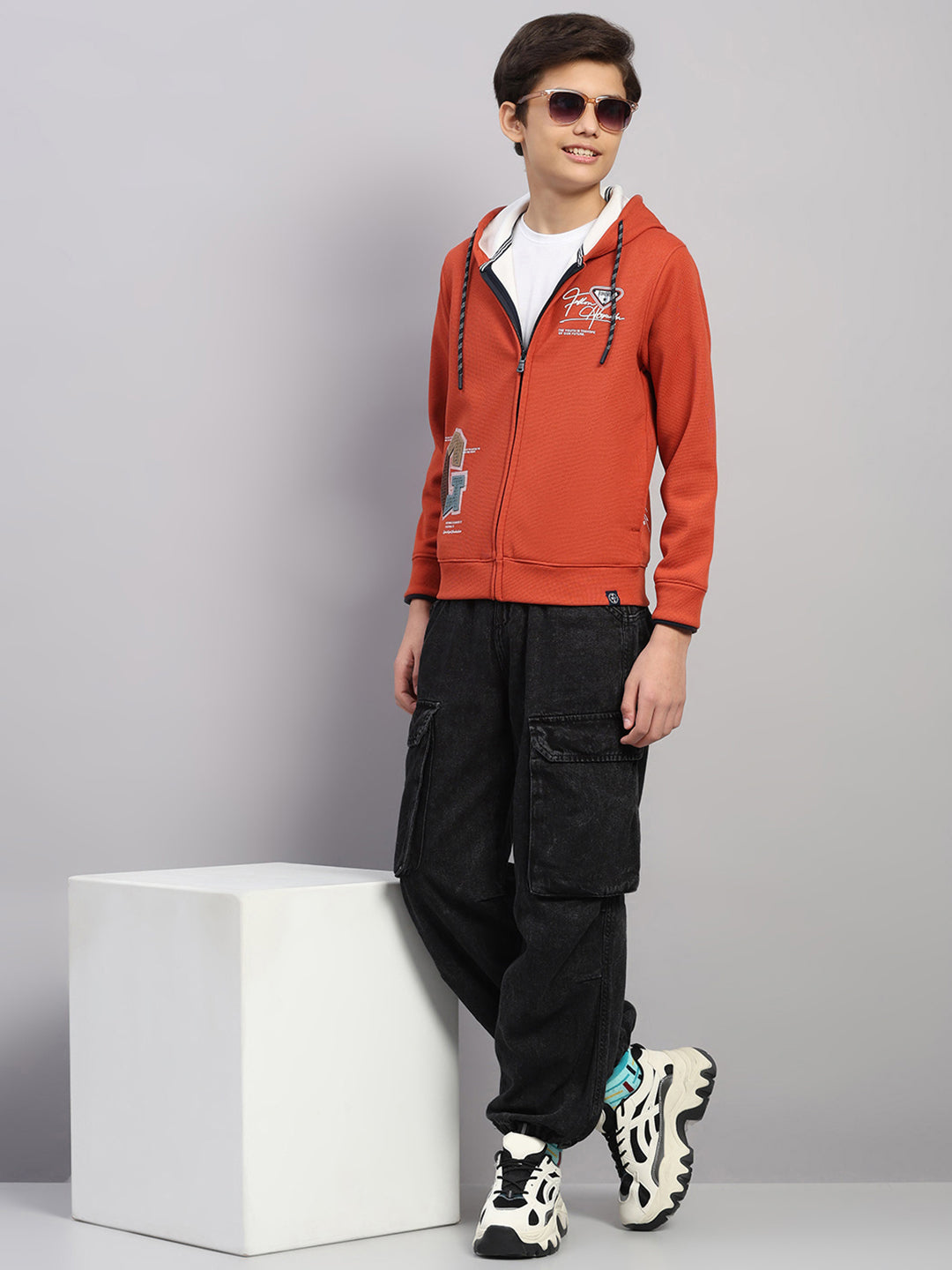 Boys Rust Printed Hooded Full Sleeve Sweatshirt