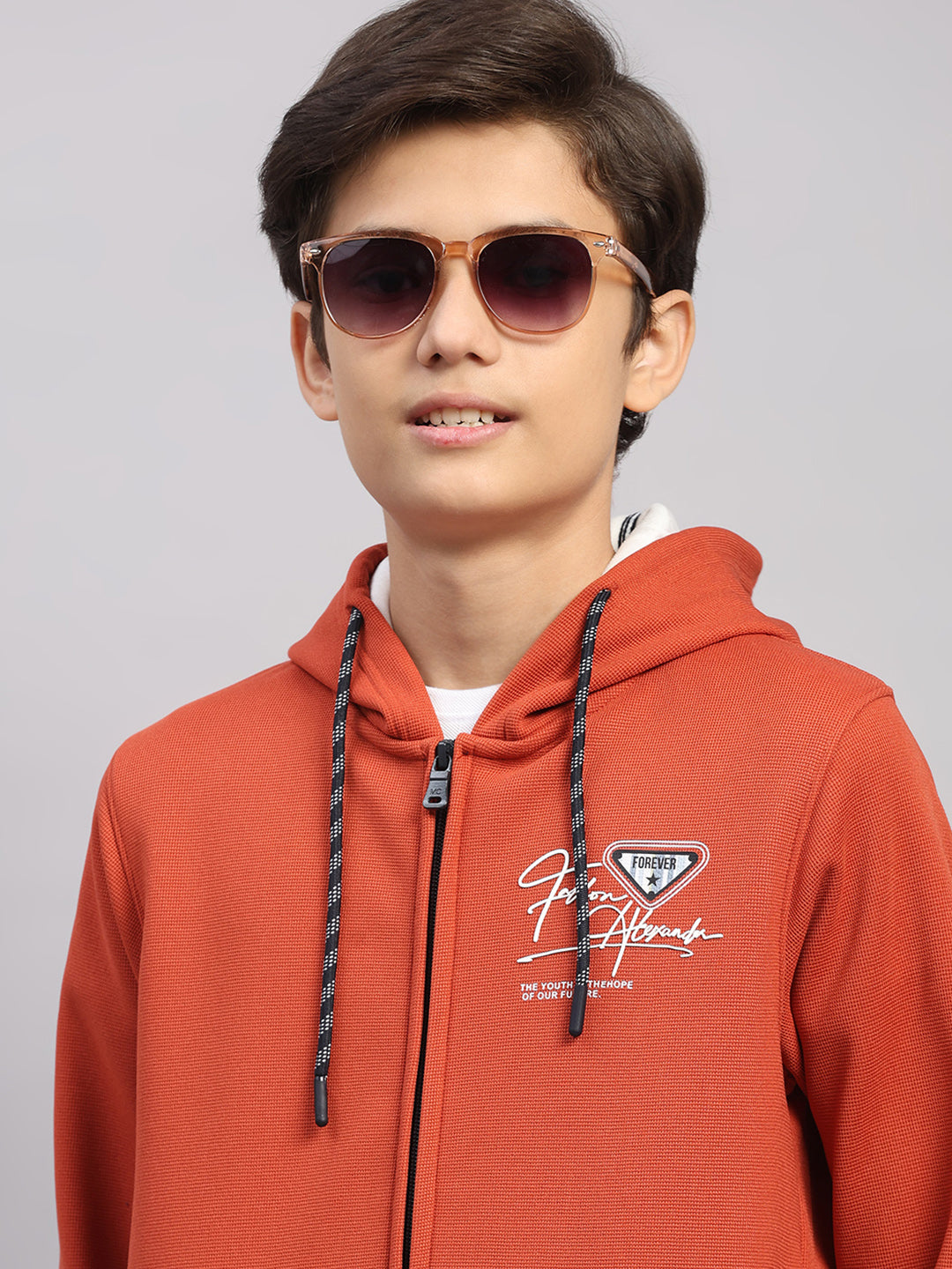 Boys Rust Printed Hooded Full Sleeve Sweatshirt