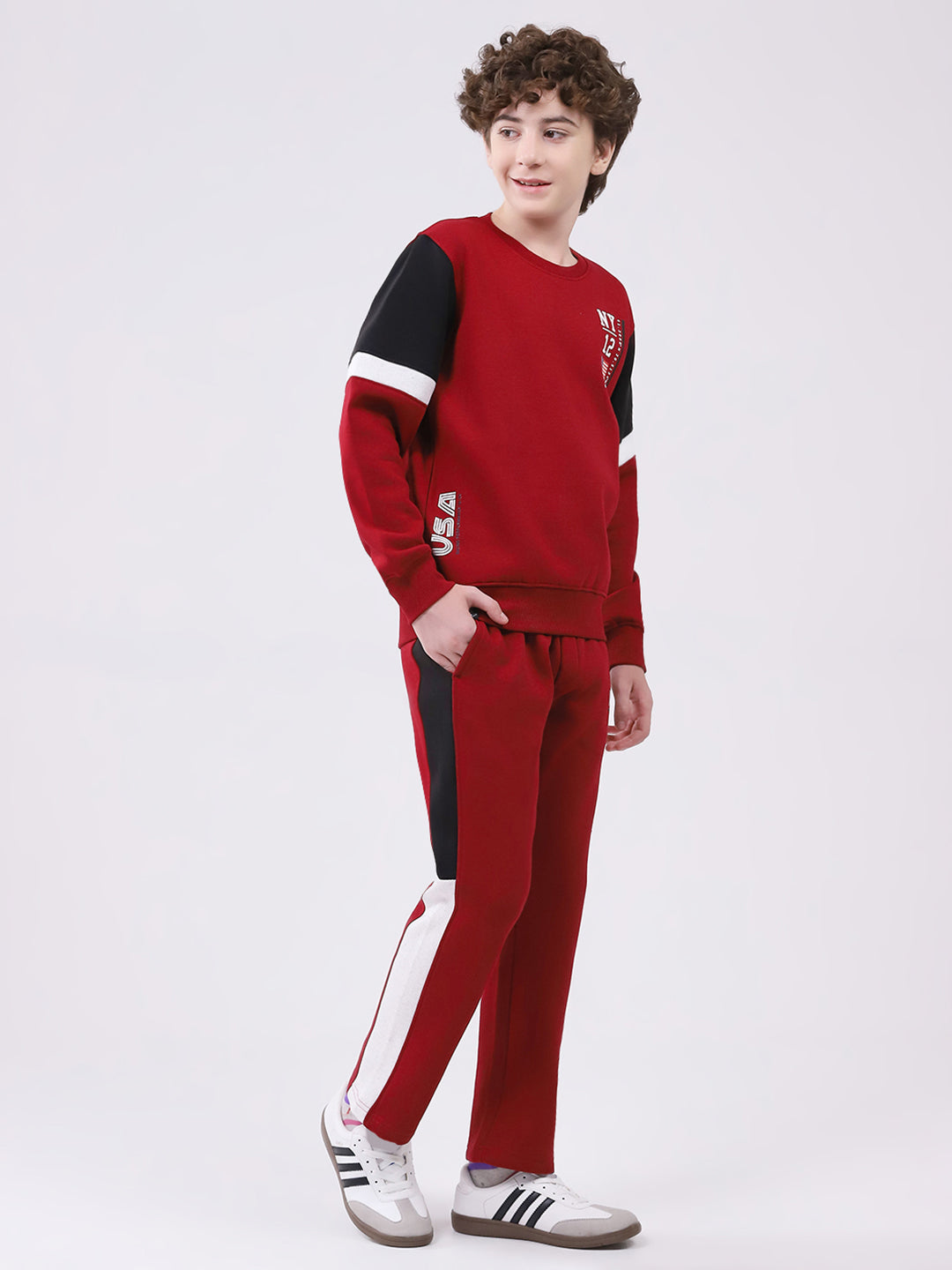 Boys Maroon Printed Round Neck Full Sleeve Winter Tracksuit