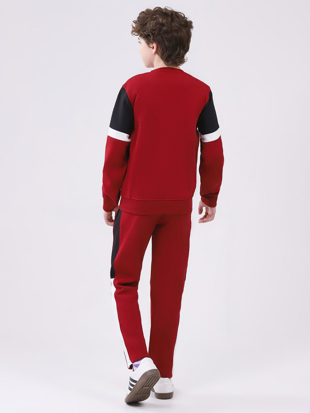 Boys Maroon Printed Round Neck Full Sleeve Winter Tracksuit