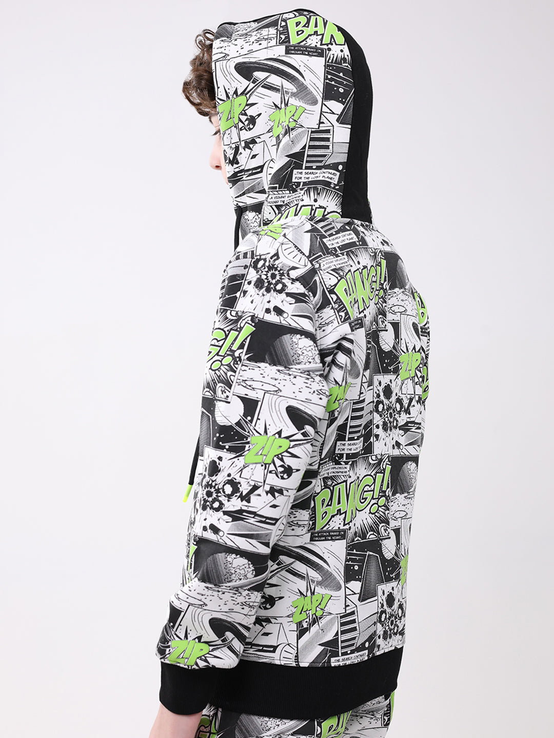 Boys Black Printed Hooded Full Sleeve Winter Tracksuit