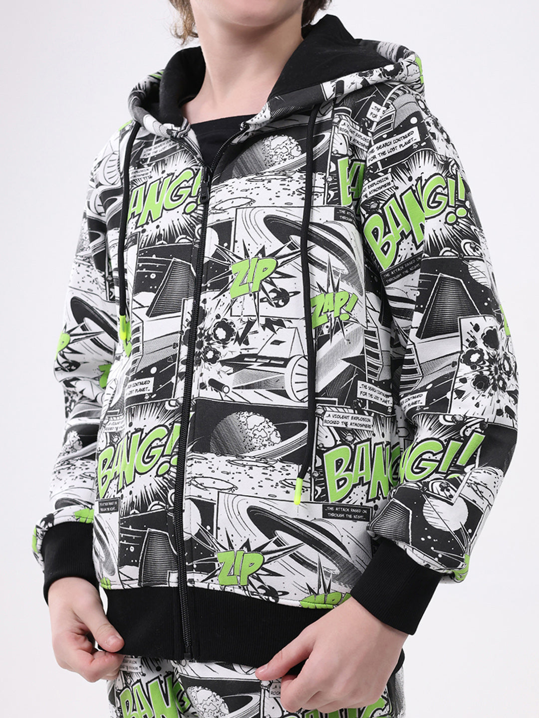 Boys Black Printed Hooded Full Sleeve Winter Tracksuit