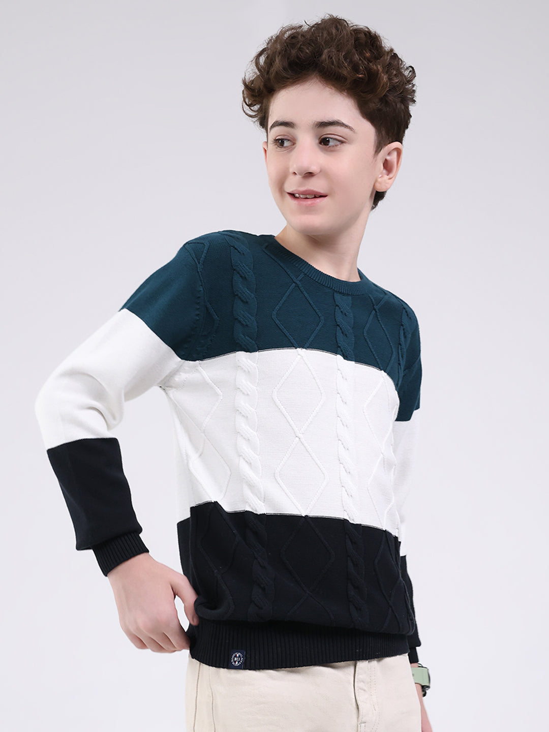 Boys Teal Blue Self Design Round Neck Full Sleeve Pullover