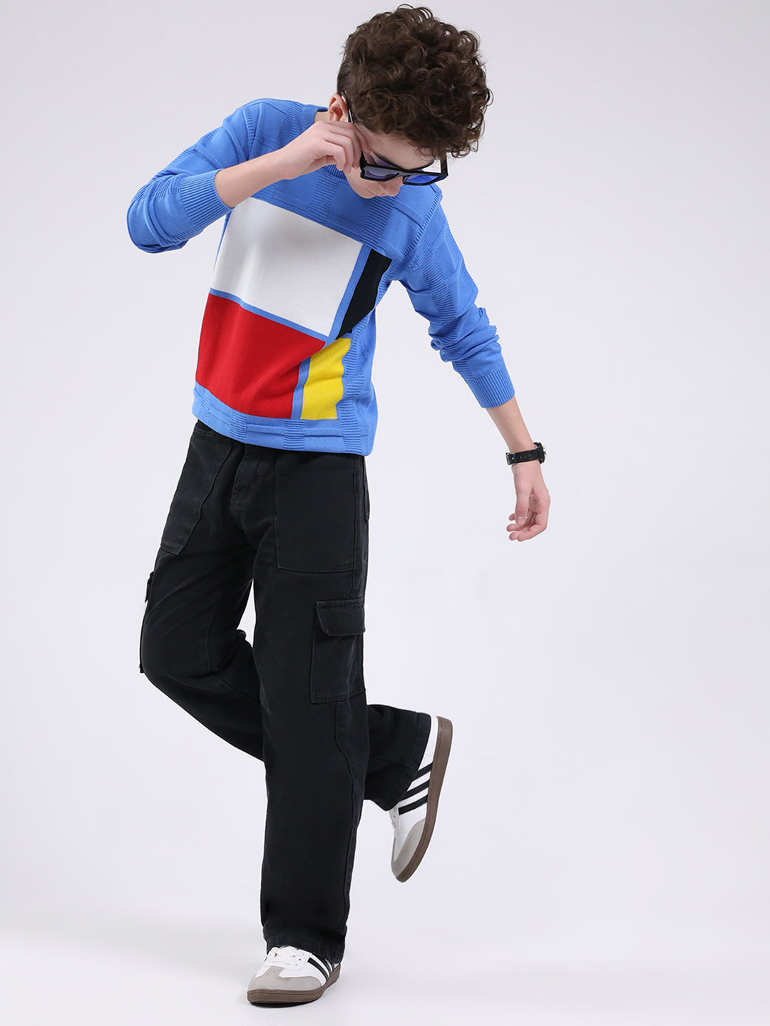 Boys Blue Self Design Round Neck Full Sleeve Pullover