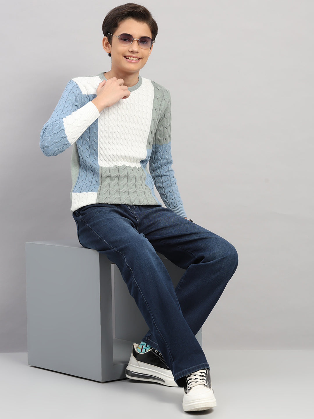 Boys Green Stripe Round Neck Full Sleeve Pullover