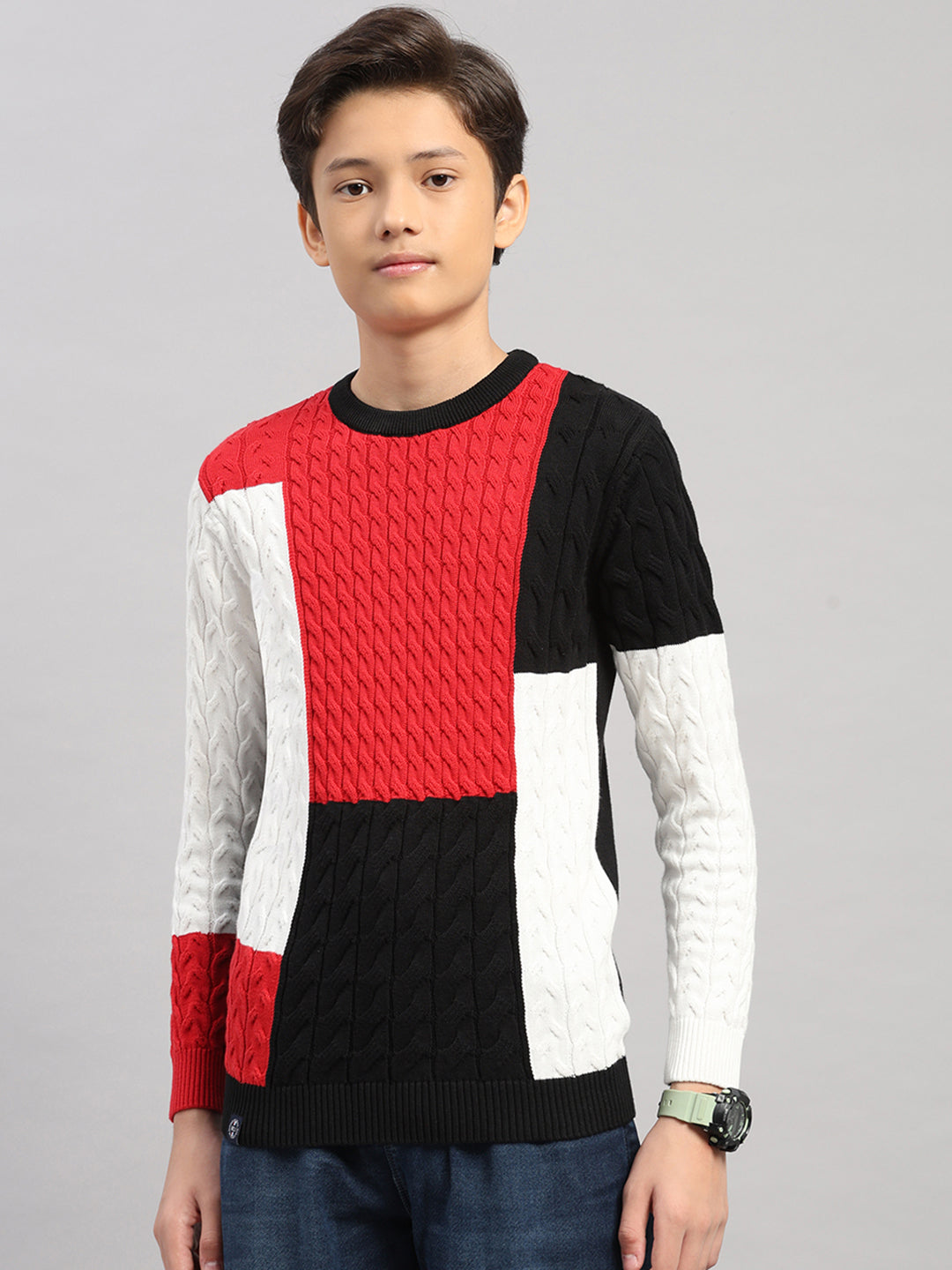 Boys Black Stripe Round Neck Full Sleeve Pullover