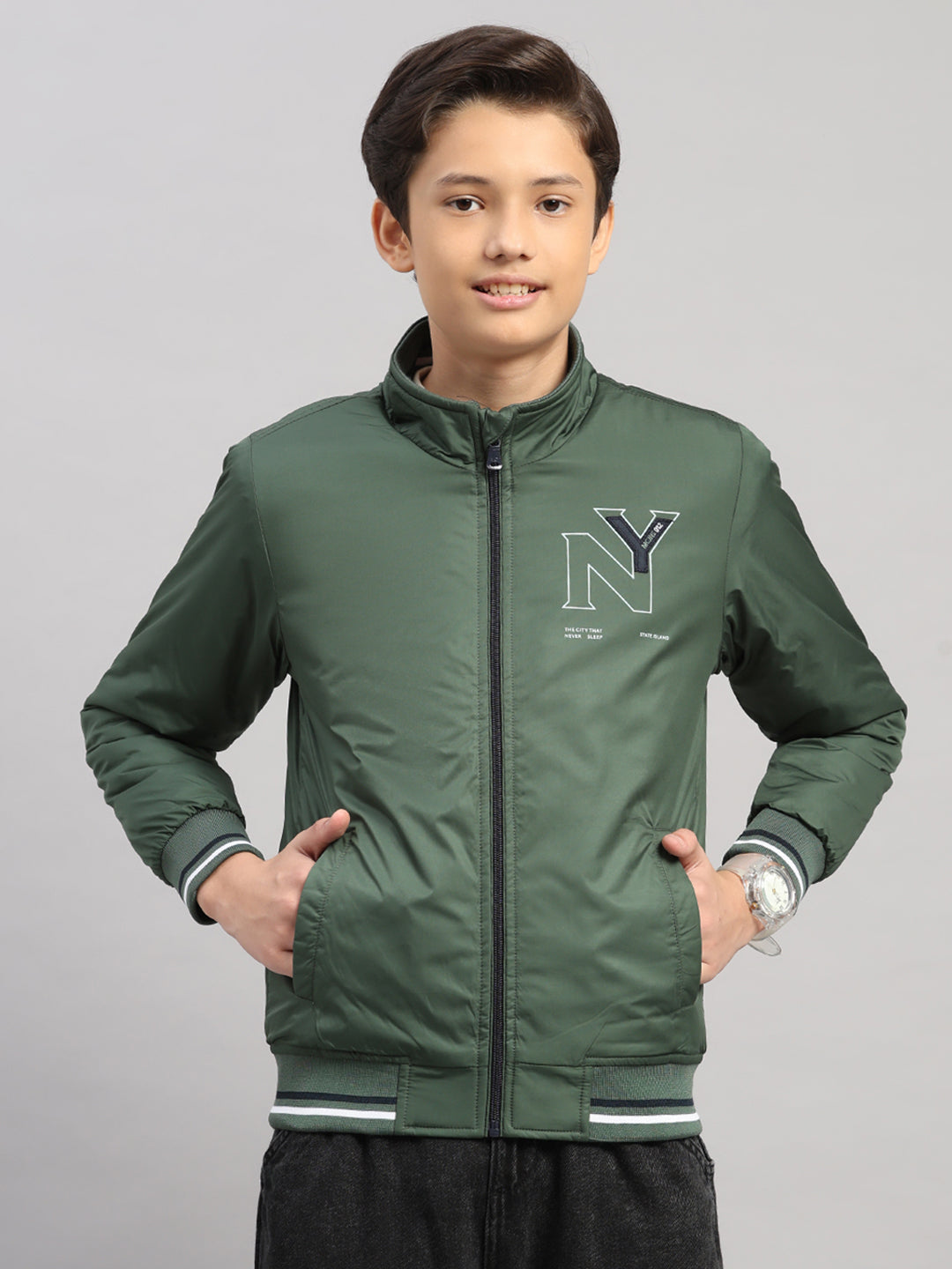 Boys Olive Solid Collar Full Sleeve Jacket
