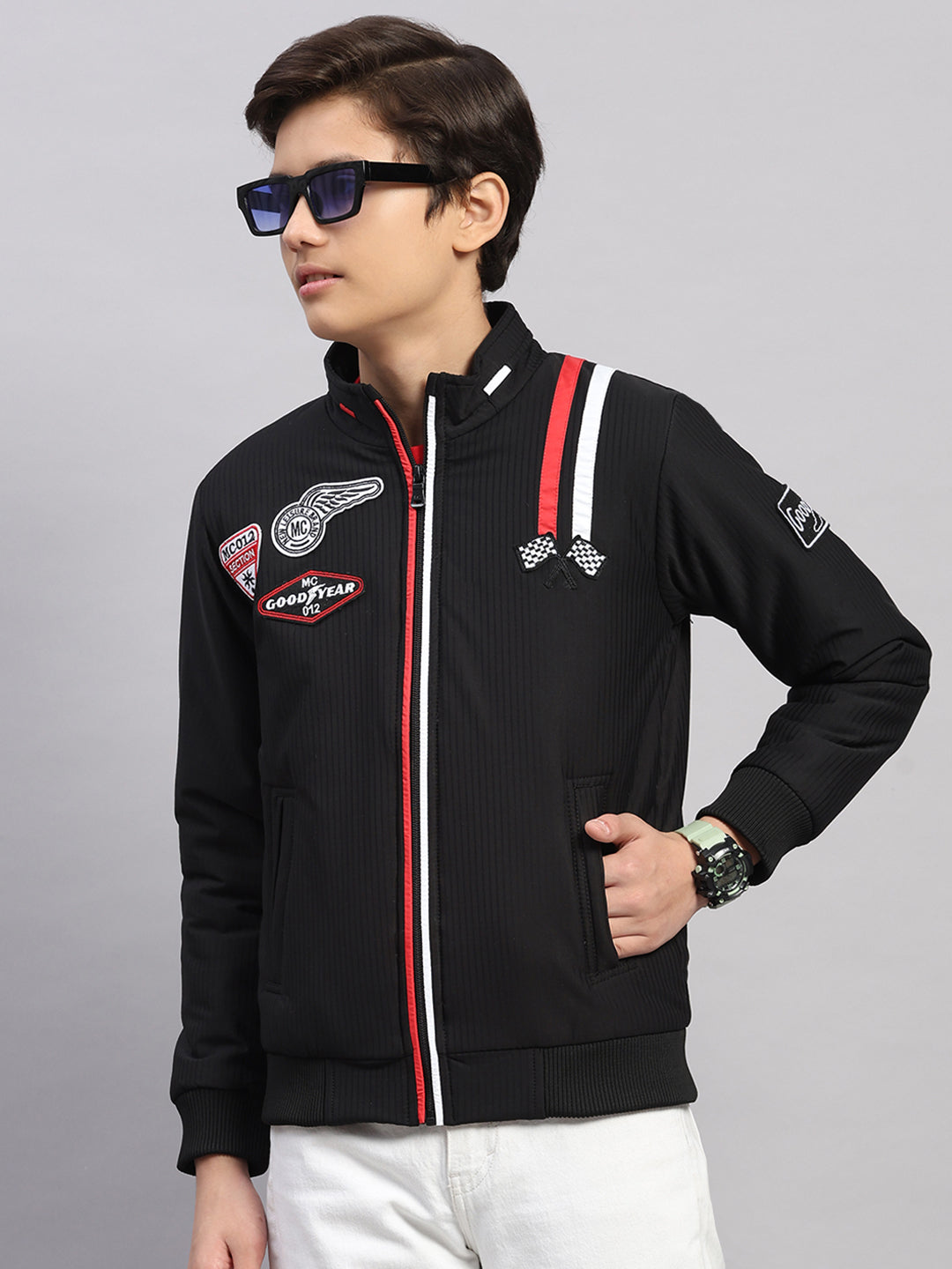 Boys Black Embroidered Collar Full Sleeve Jacket