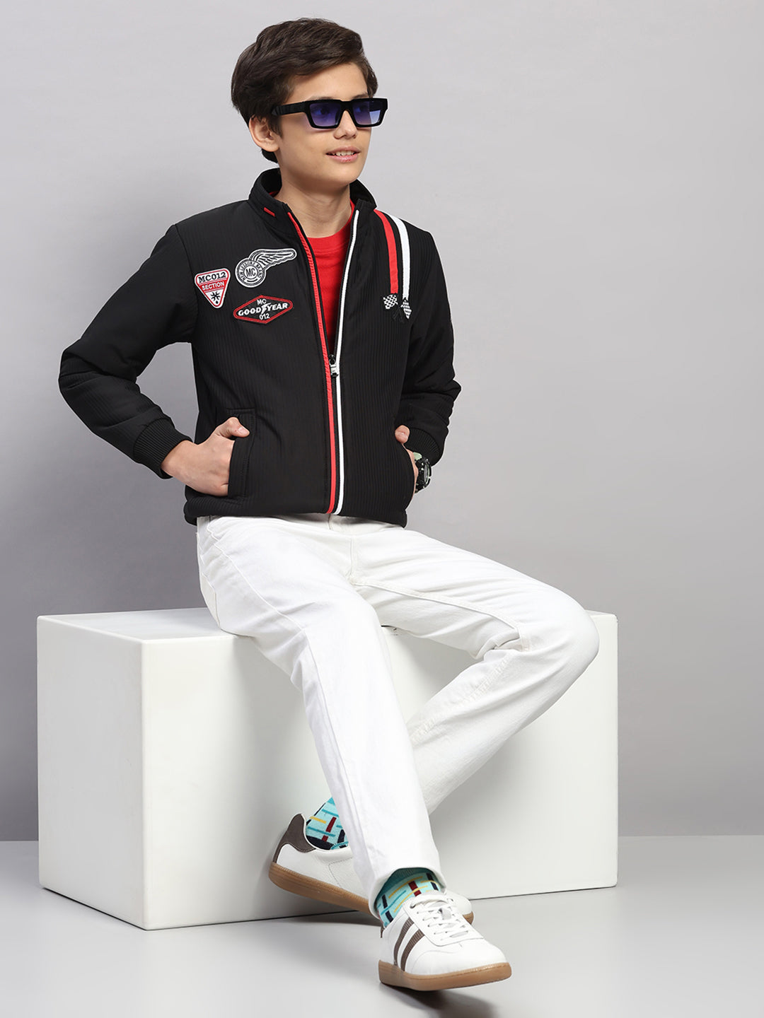 Boys Black Embroidered Collar Full Sleeve Jacket