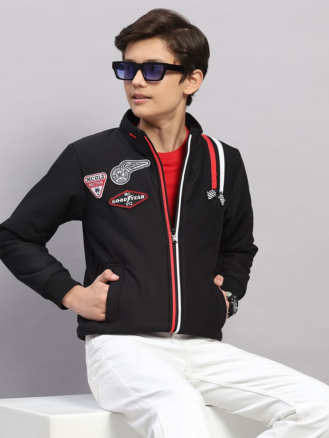 Boys Black Embroidered Collar Full Sleeve Jacket