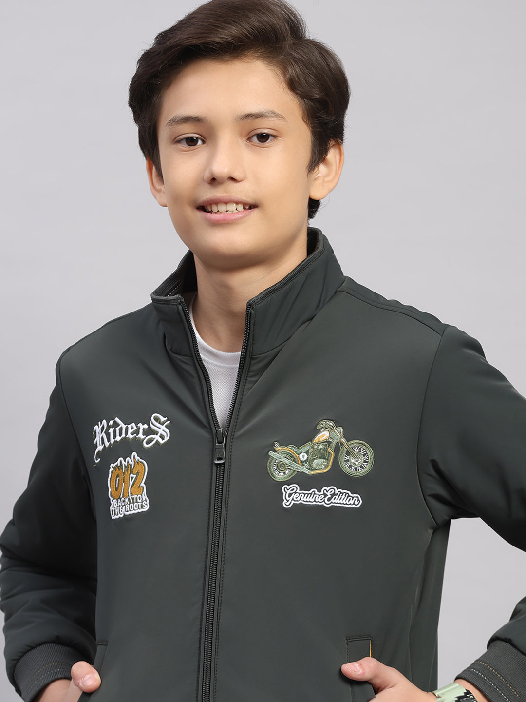 Boys Olive Embroidered Collar Full Sleeve Jacket