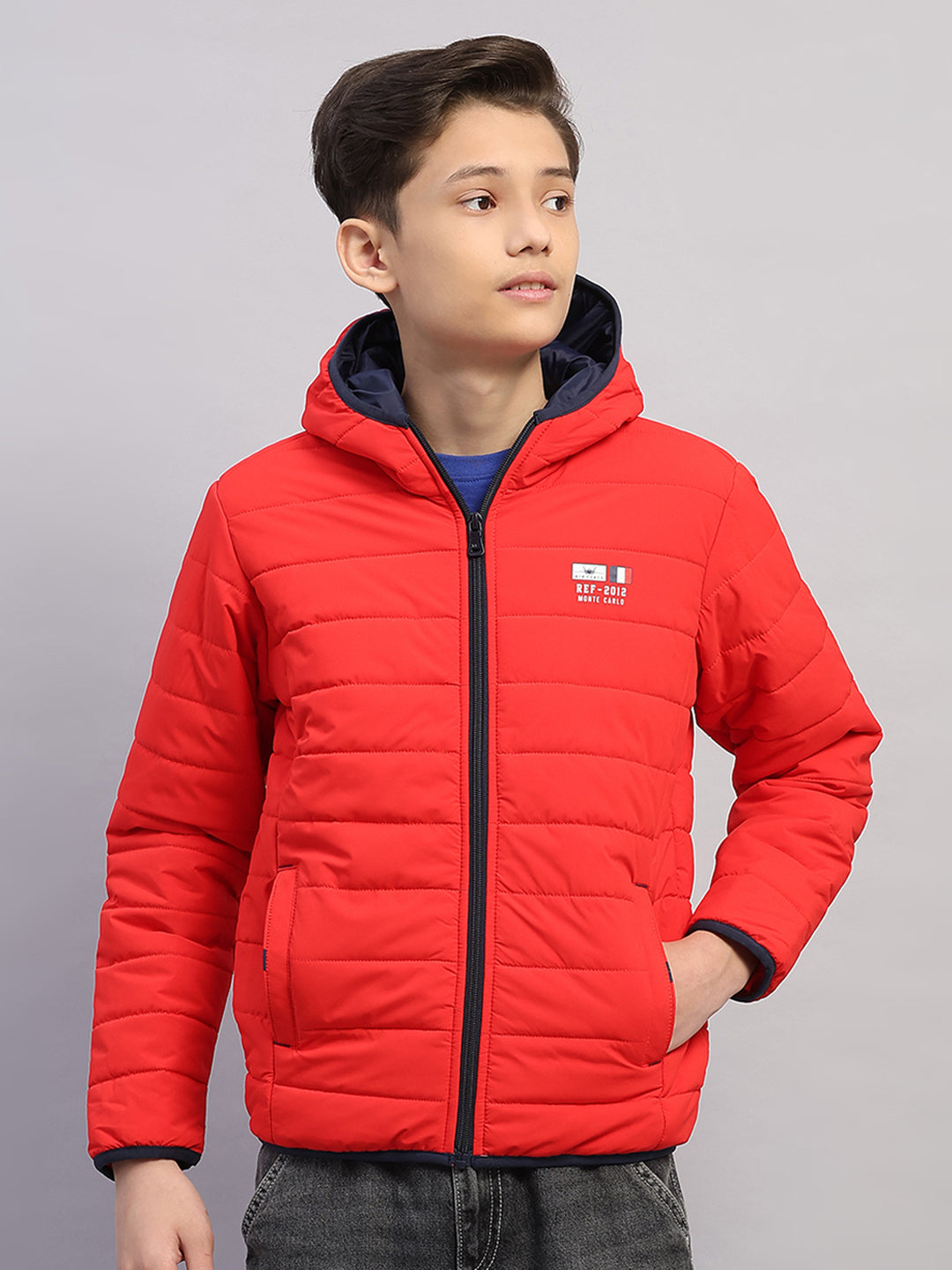 Boys Red Printed Hooded Full Sleeve Jacket