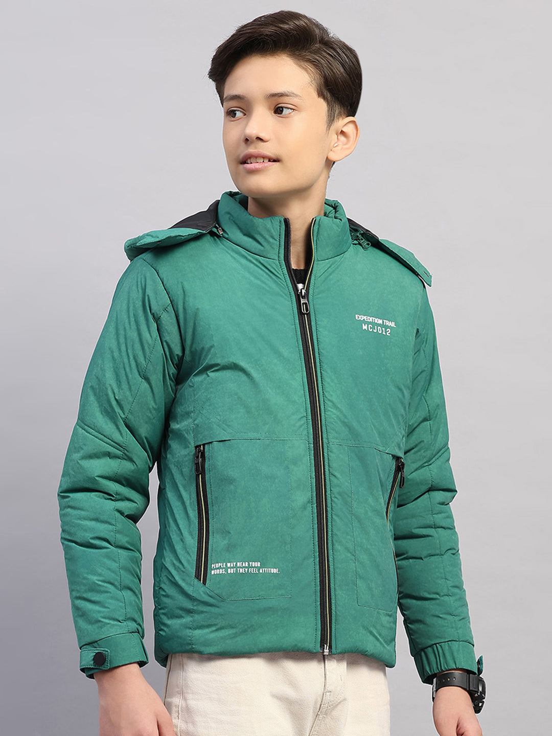 Boys Green Solid Hooded Full Sleeve Jacket