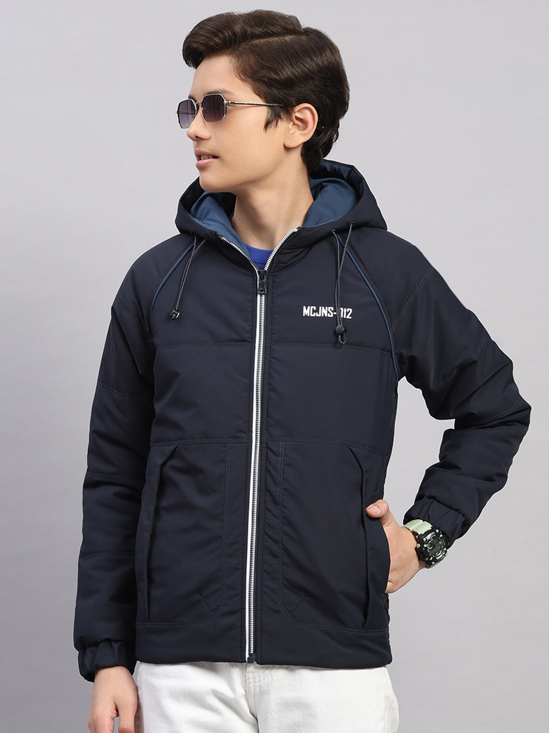 Boys Navy Blue Printed Hooded Full Sleeve Jacket