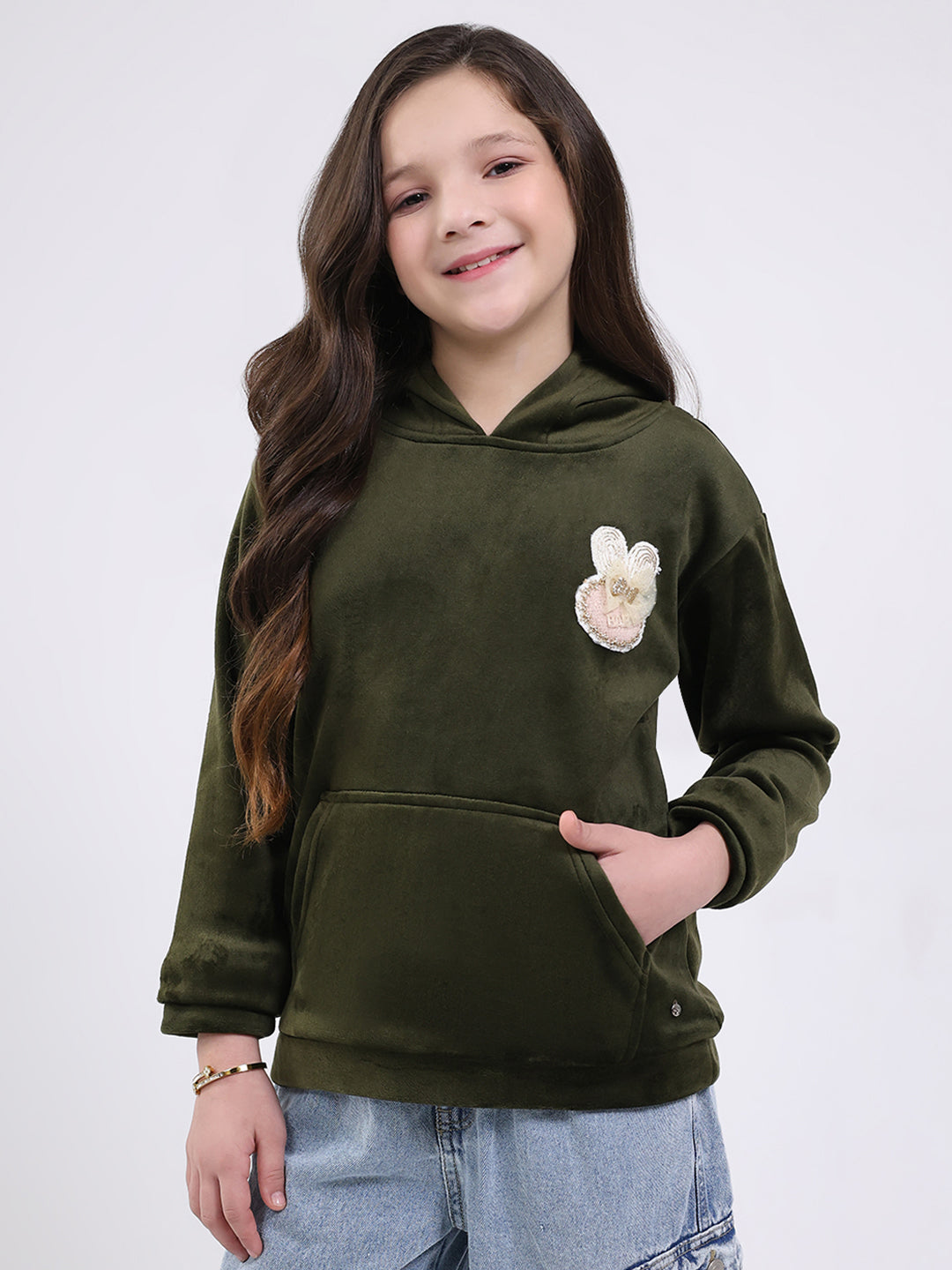 Girls Olive Solid Hooded Full Sleeve Sweatshirt