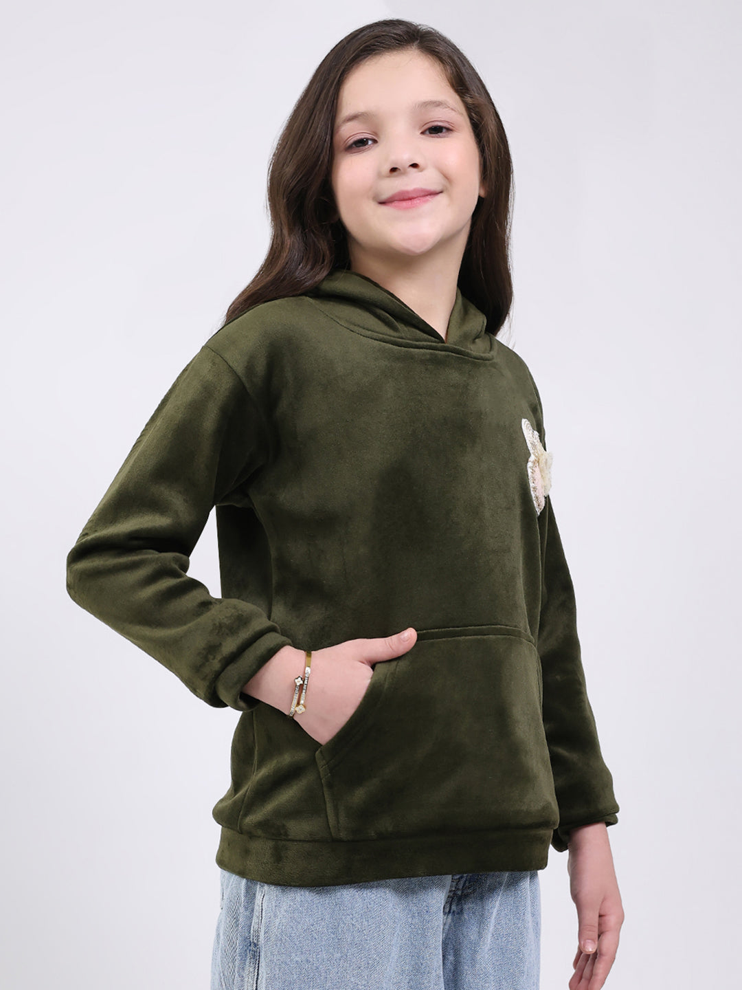 Girls Olive Solid Hooded Full Sleeve Sweatshirt