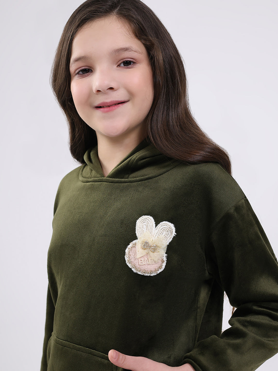 Girls Olive Solid Hooded Full Sleeve Sweatshirt