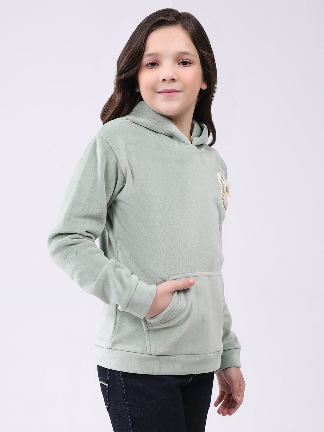 Girls Green Solid Hooded Full Sleeve Sweatshirt