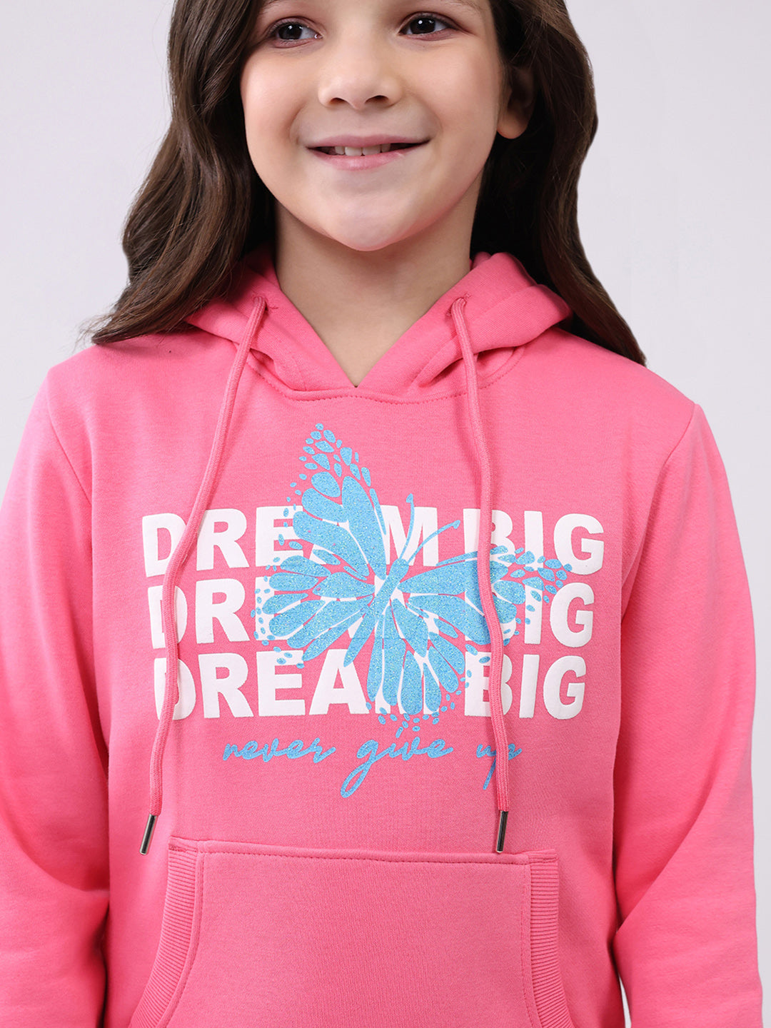 Girls Pink Printed Hooded Full Sleeve Sweatshirt
