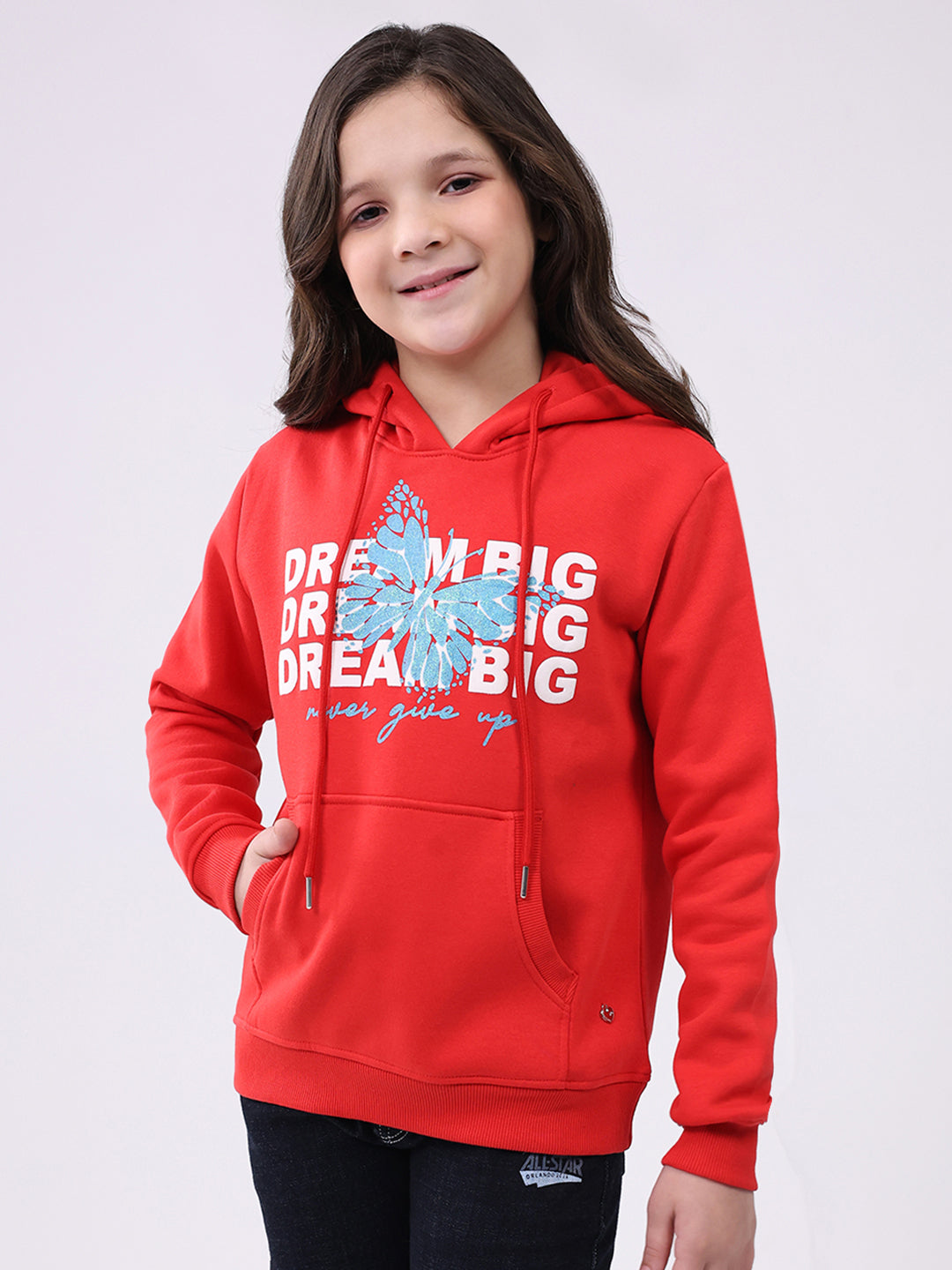 Girls Red Printed Hooded Full Sleeve Sweatshirt