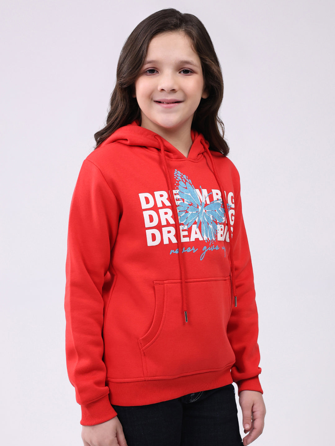 Girls Red Printed Hooded Full Sleeve Sweatshirt