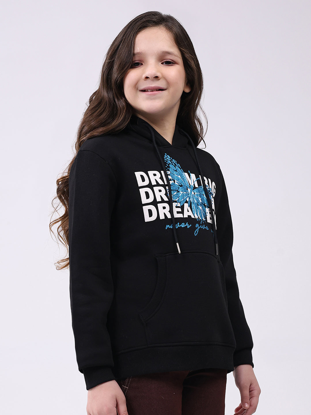 Girls Black Printed Hooded Full Sleeve Sweatshirt