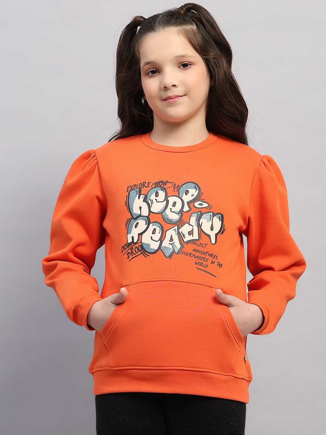 Girls Orange Printed Round Neck Full Sleeve Sweatshirt