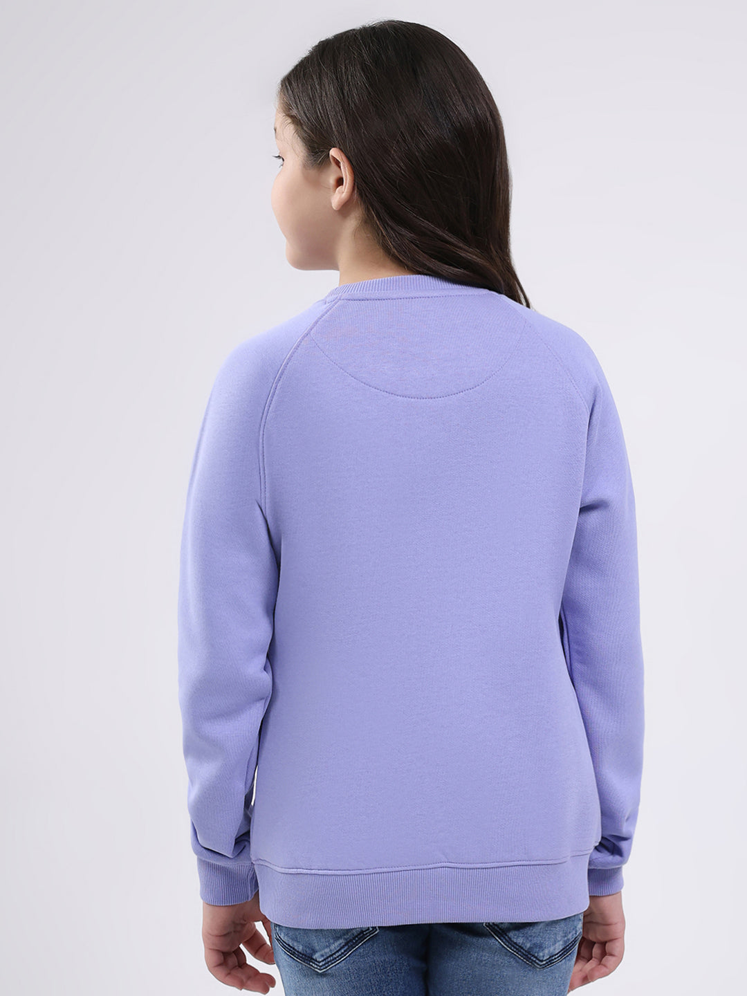 Girls Purple Printed Round Neck Full Sleeve Sweatshirt