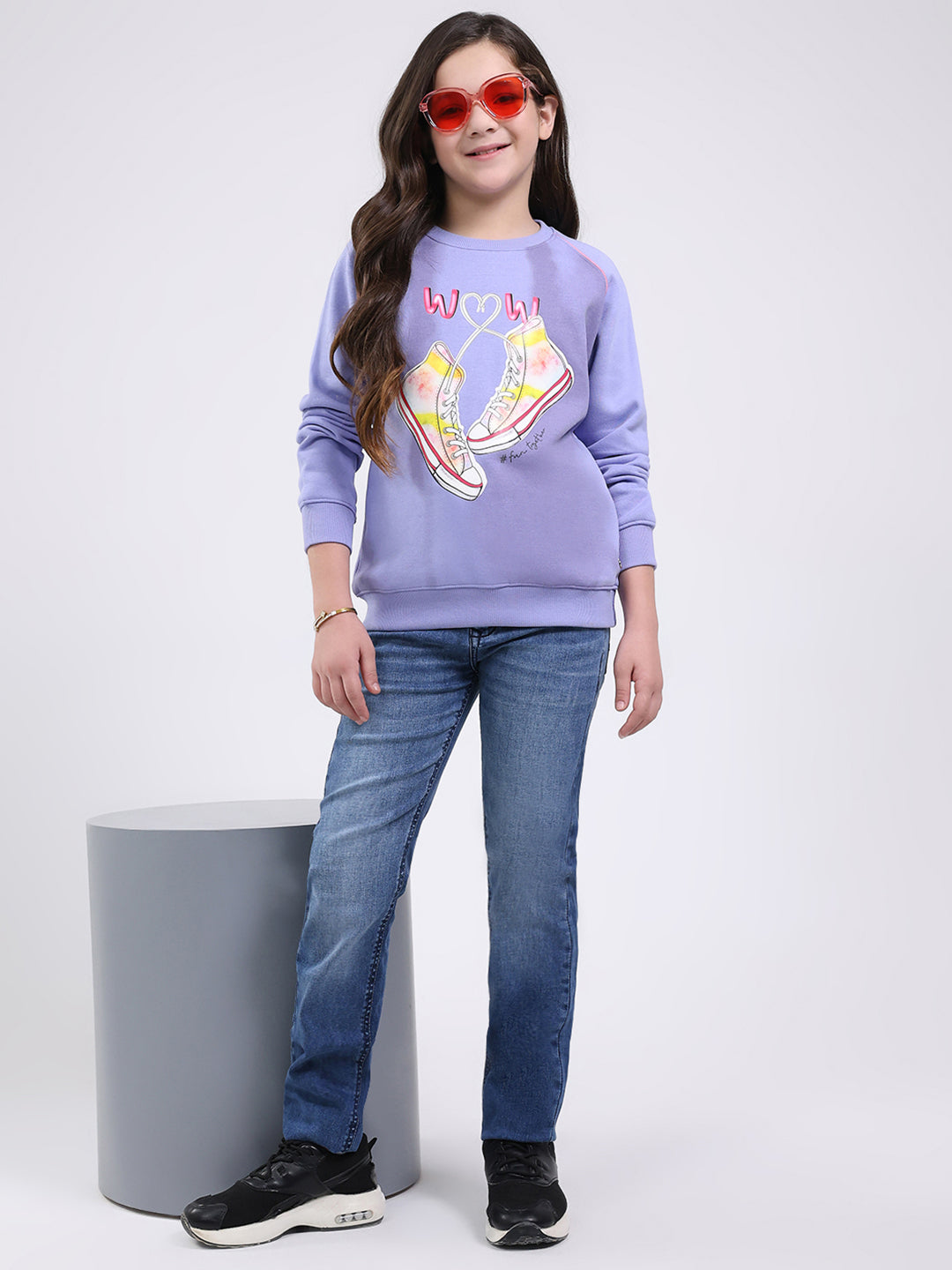 Girls Purple Printed Round Neck Full Sleeve Sweatshirt