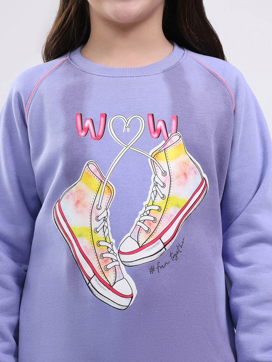 Girls Purple Printed Round Neck Full Sleeve Sweatshirt