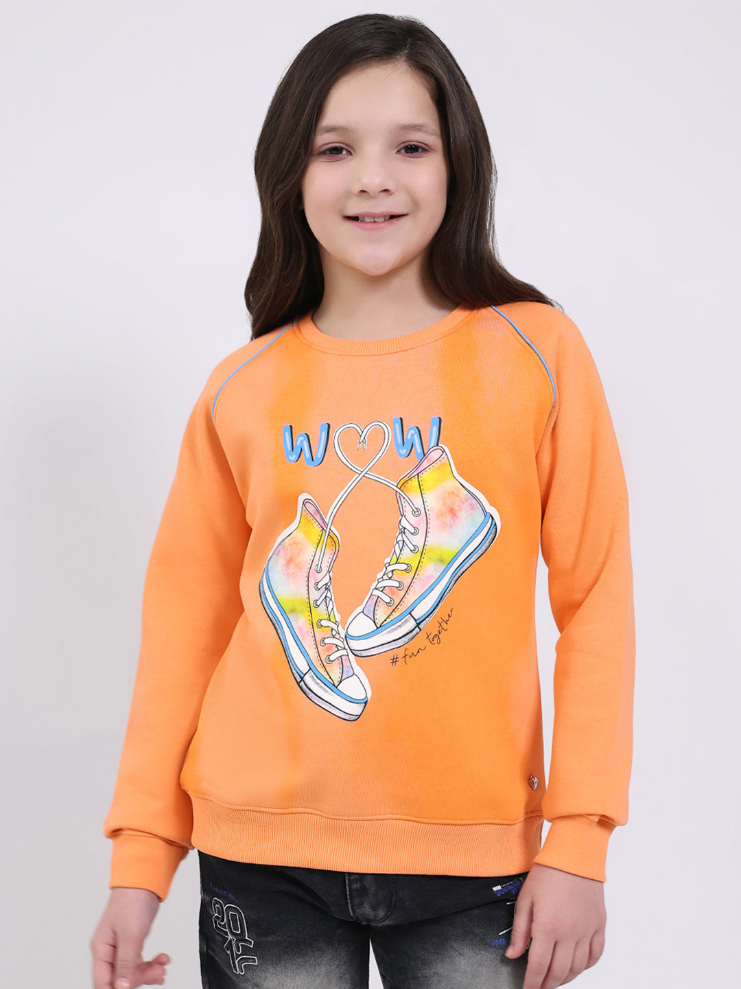 Girls Orange Printed Round Neck Full Sleeve Sweatshirt