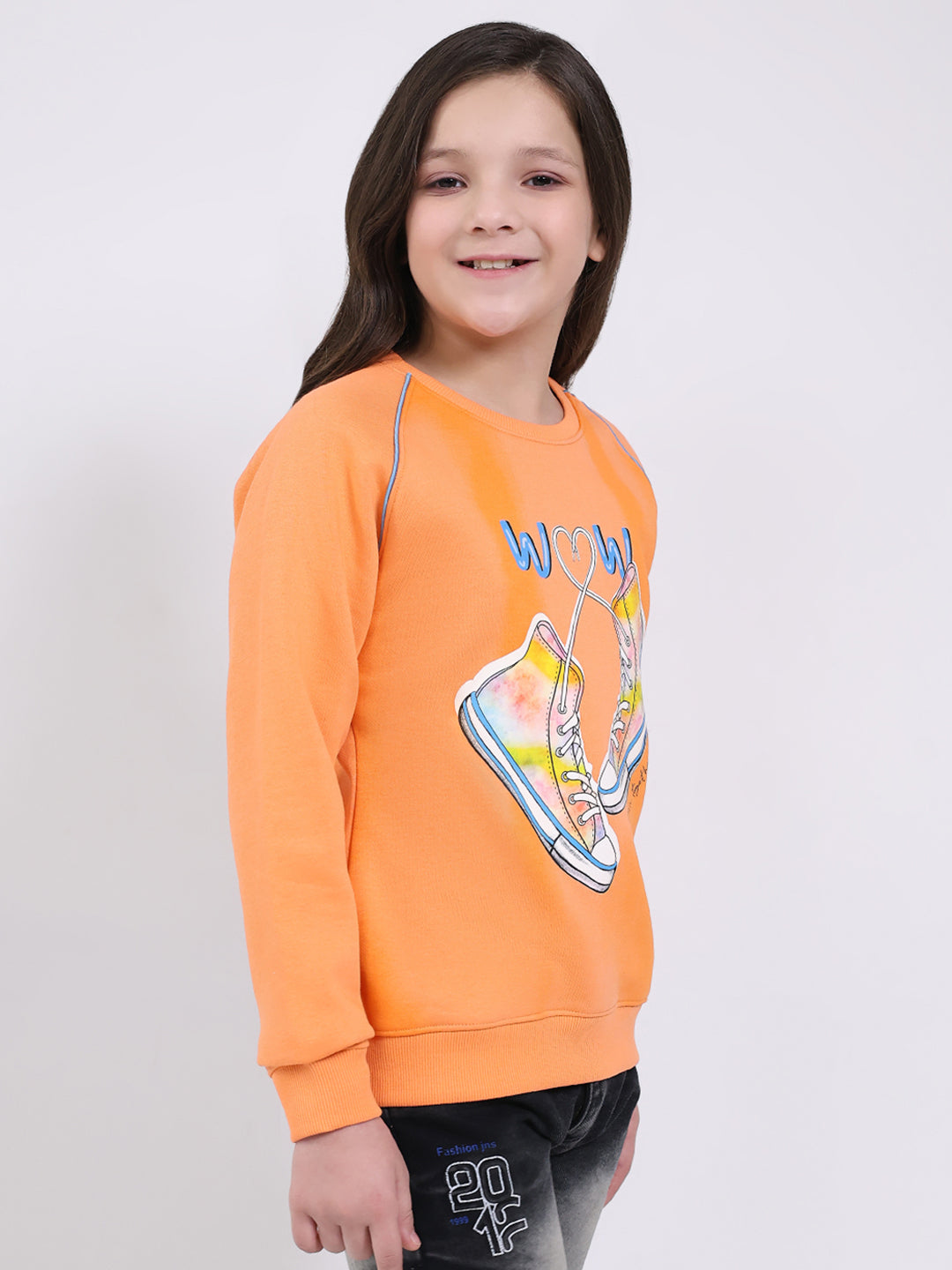 Girls Orange Printed Round Neck Full Sleeve Sweatshirt