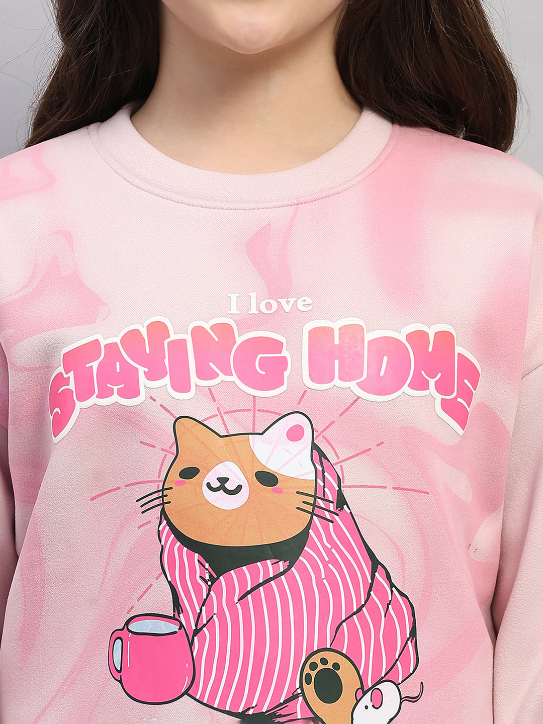 Girls Pink Printed Round Neck Full Sleeve Sweatshirt