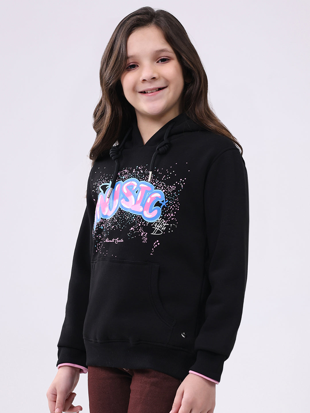 Girls Black Printed Hooded Full Sleeve Sweatshirt