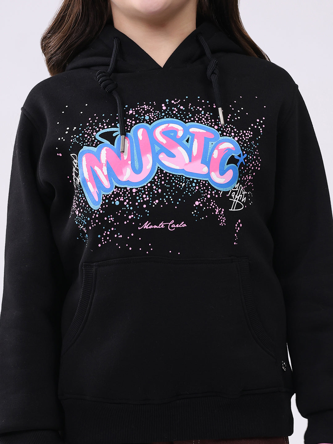 Girls Black Printed Hooded Full Sleeve Sweatshirt
