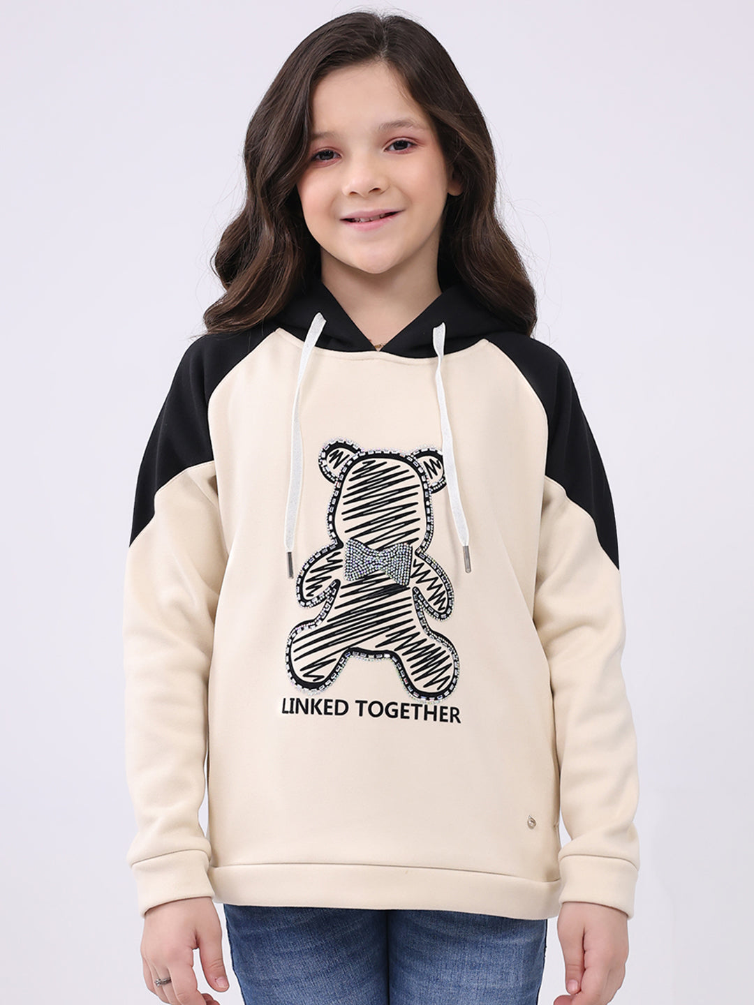Girls Cream Printed Hooded Full Sleeve Sweatshirt