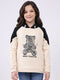 Girls Cream Printed Hooded Full Sleeve Sweatshirt