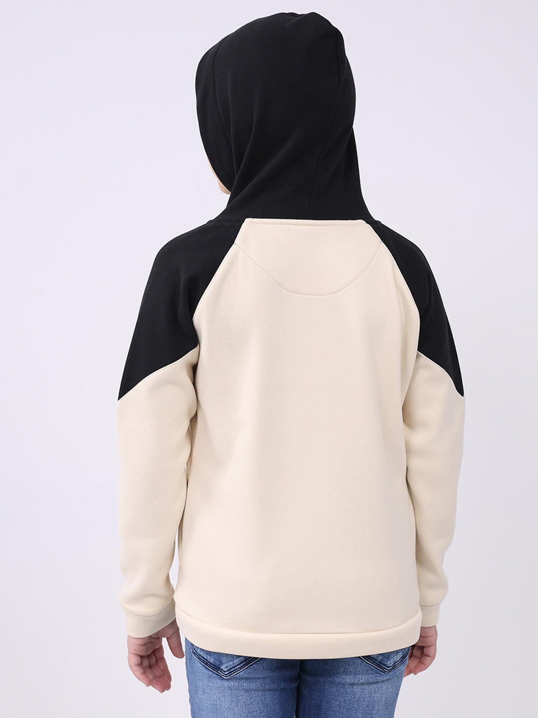 Girls Cream Printed Hooded Full Sleeve Sweatshirt