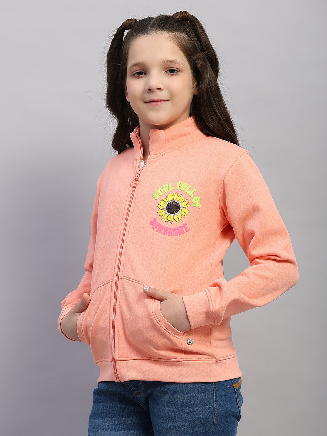 Girls Peach Printed Mock Neck Full Sleeve Sweatshirt