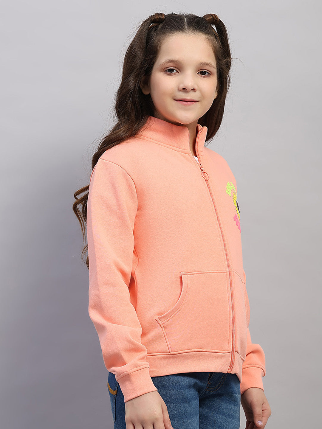 Girls Peach Printed Mock Neck Full Sleeve Sweatshirt