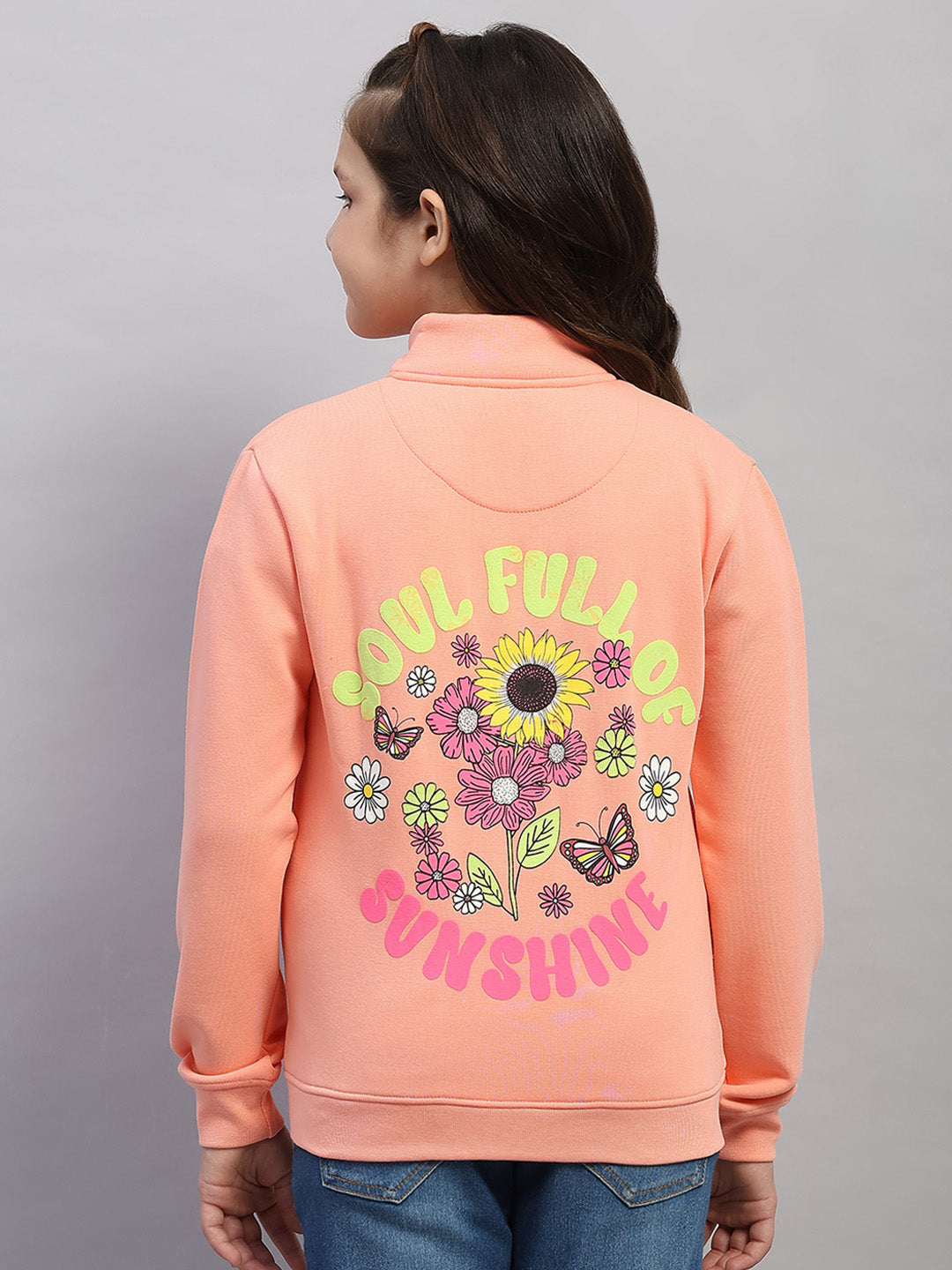 Girls Peach Printed Mock Neck Full Sleeve Sweatshirt