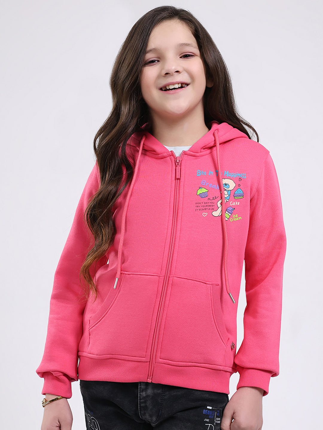 Girls Pink Printed Hooded Full Sleeve Sweatshirt