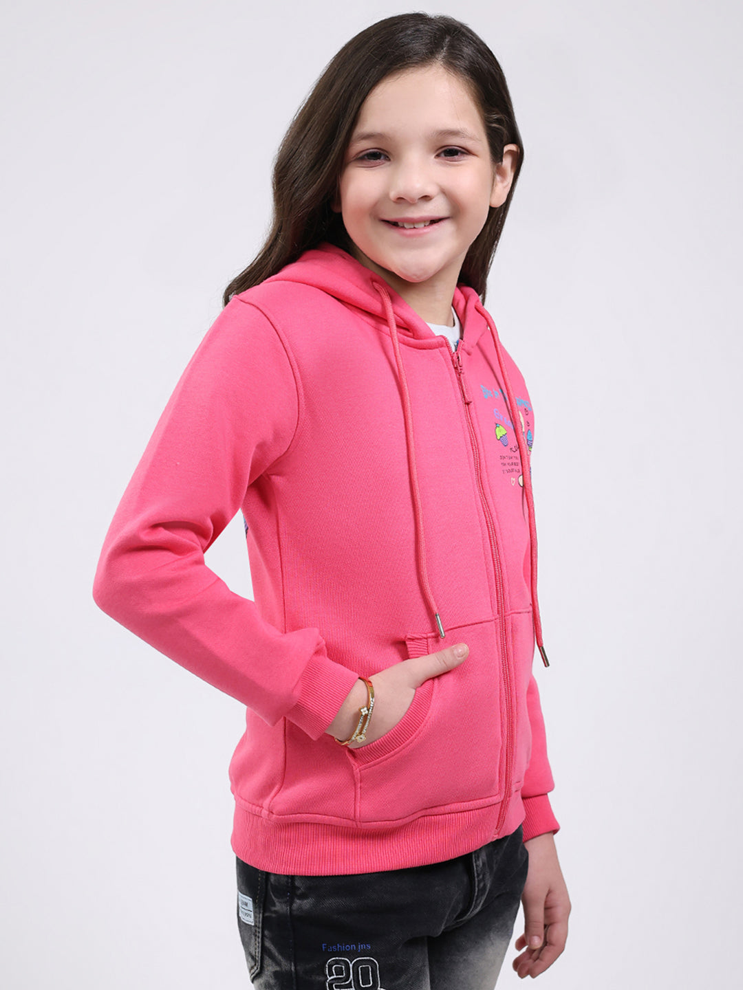 Girls Pink Printed Hooded Full Sleeve Sweatshirt