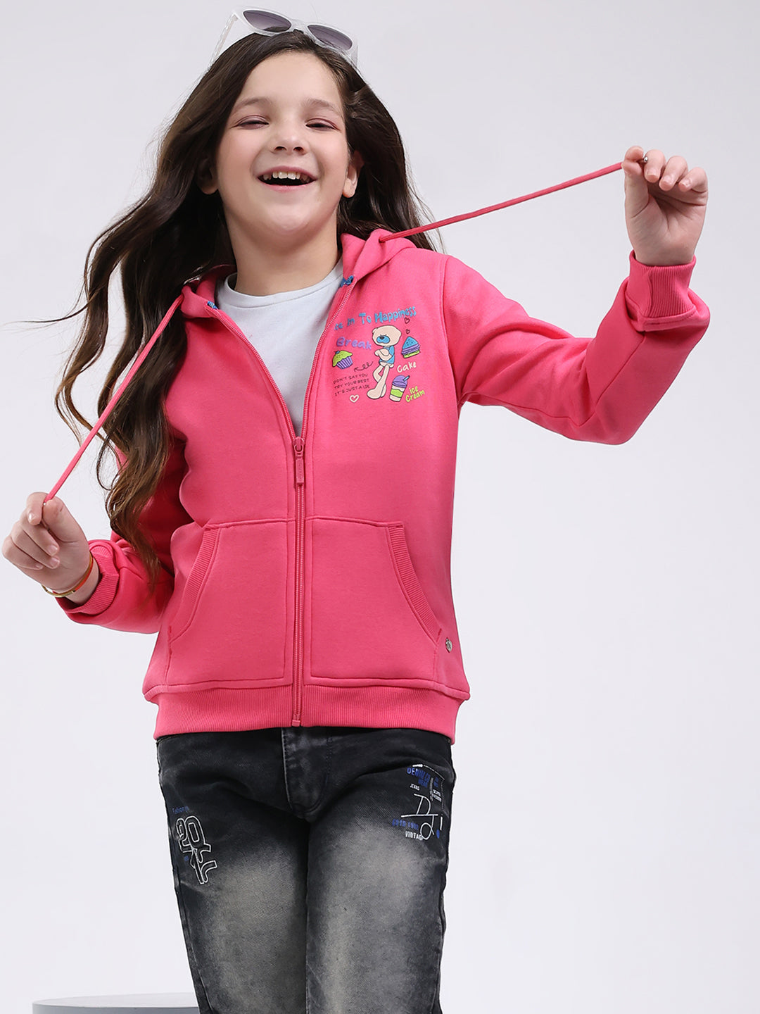 Girls Pink Printed Hooded Full Sleeve Sweatshirt